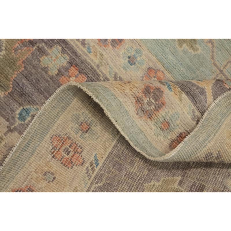 Light Blue Floral Oushak Vegetable Dye Area Rug, Floral Geometric Carpet - 12' 5'' X 9' 4''