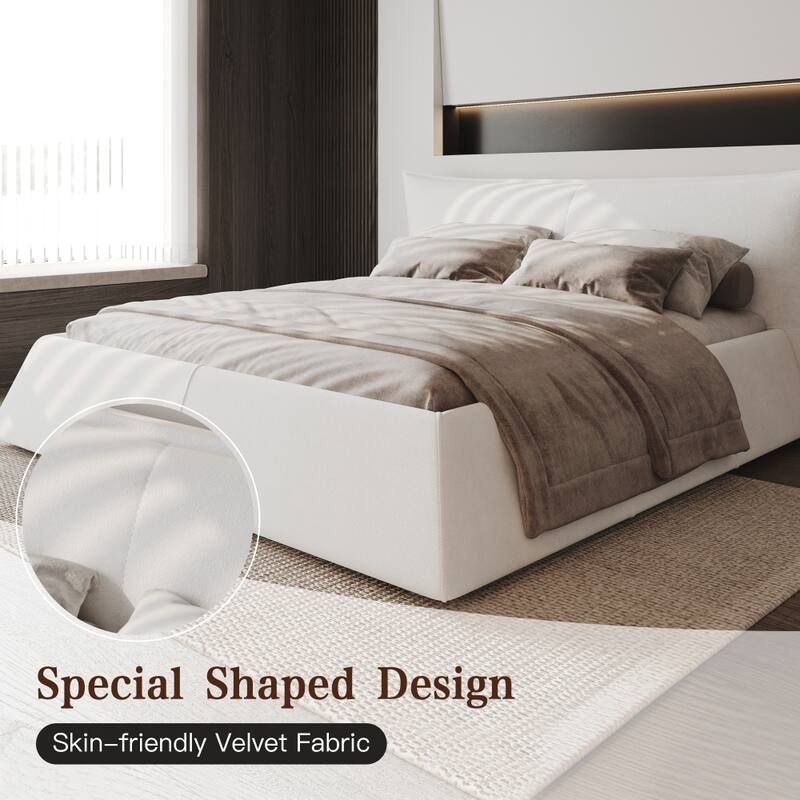 Queen Size Upholstered Platform Bed with Special Shaped Velvet Headboard