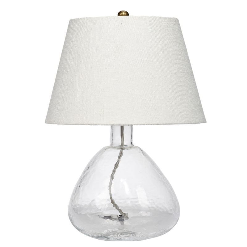 Navi 17 Inch Table Lamp, White Linen Drum Shade, Clear Glass Curved Body