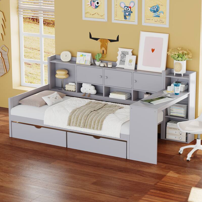Wooden L Shaped Daybed with Bookcase and 2 Drawers, Multi-functional Corner Platform Sofa Bed Frame with Built In Desk