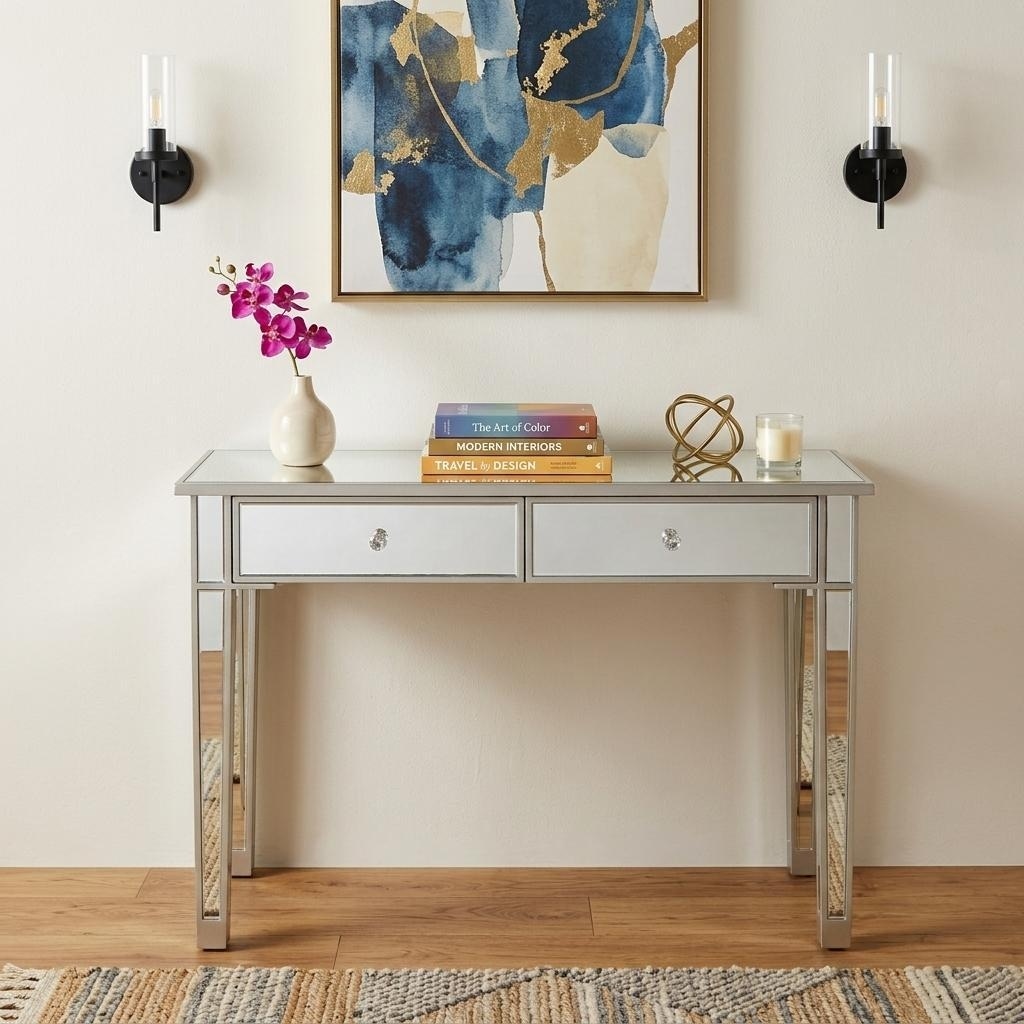 HomeRoots 40" Silver Mirrored Glass and Wood Console Table With Two Drawers - 39.50 in. x 28.50 in. x 17.75 in.
