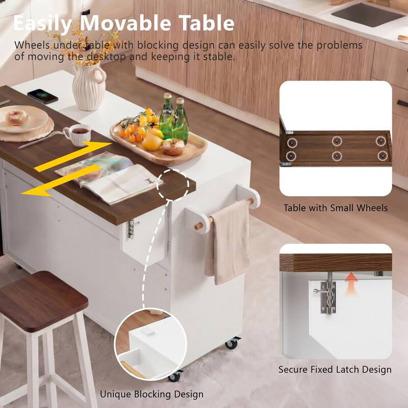 102.3" Kitchen Island with Extendable Table, Kitchen Rolling Island Cart with Trash Storage Cabinet, 3-Tier Pull-Out Spice Rack