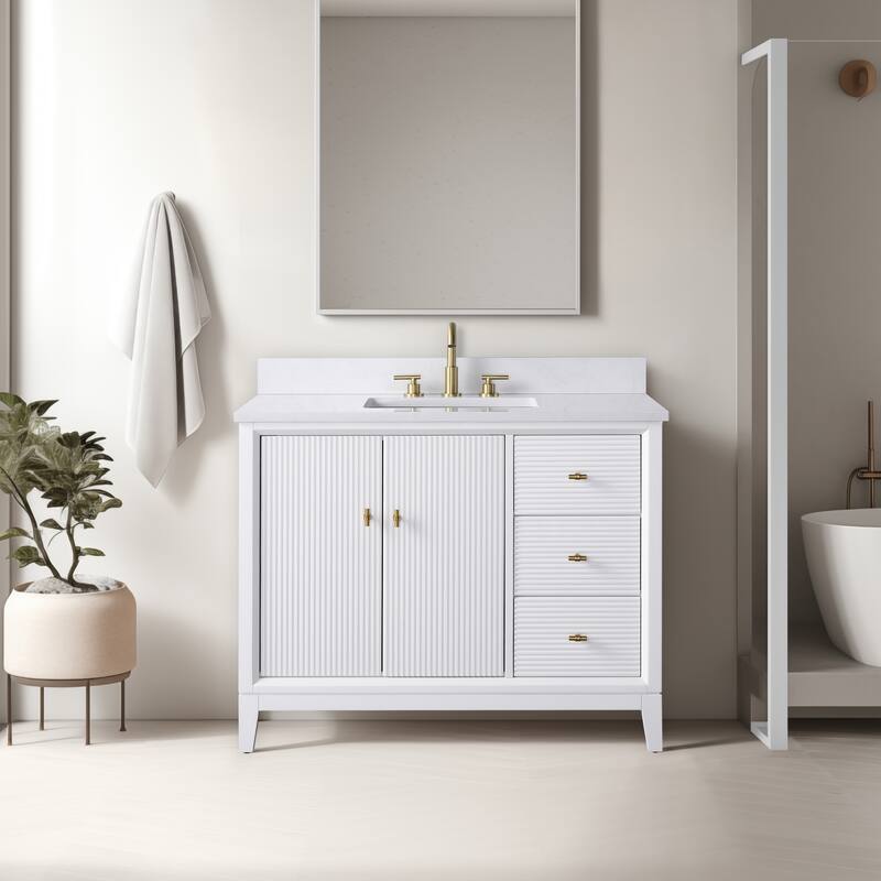 Vanity Art 42" Freestanding Bathroom Vanity with Engineered Marble Top and Sink - 42"/Golden Brushed - White