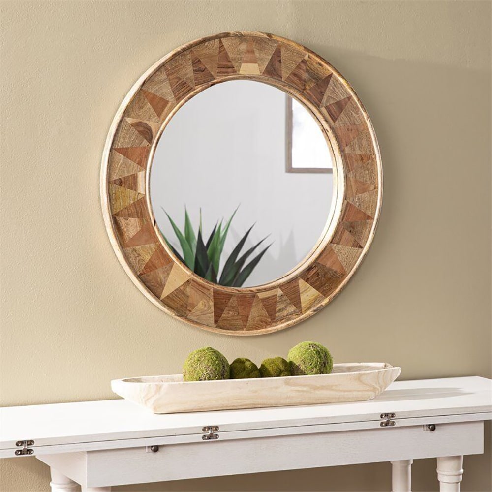 Dark Brown Reclaimed Wood Round Seashell Wall Mirror - Small