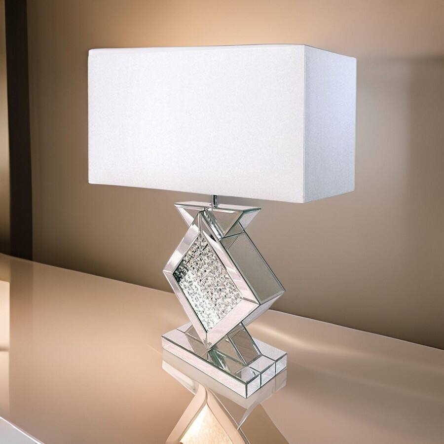 27 Inch Table Lamp, Acrylic Crystals, Diamond Base, Champagne Silver Metal