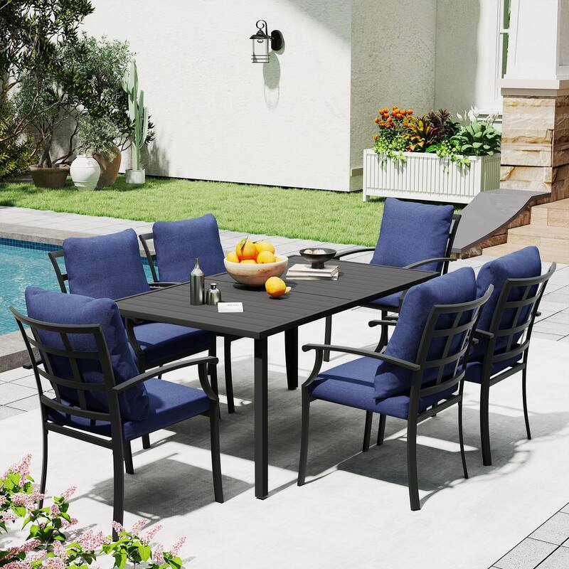 IvyGlow 7-Piece Black Metal Patio Dining Set with Rectangular Table and Gray Cushions - Blue