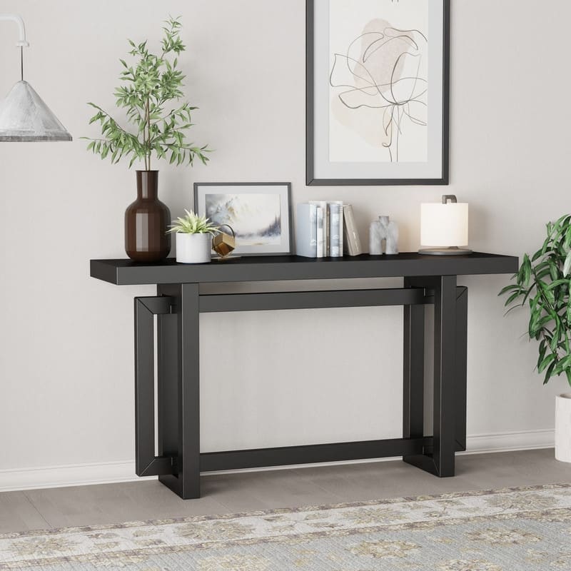 Modern Console Table Sofa Table with Concrete Top, 59'' Long Accent Entryway Table