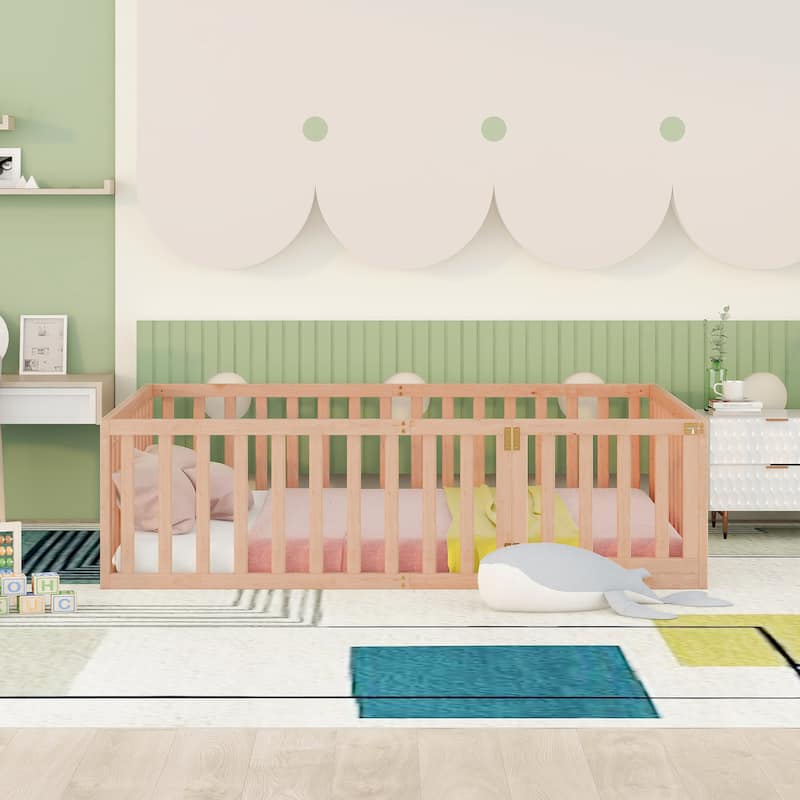 Kids Full Size Floor Bed Frame with Safety Fence - Versatile Design
