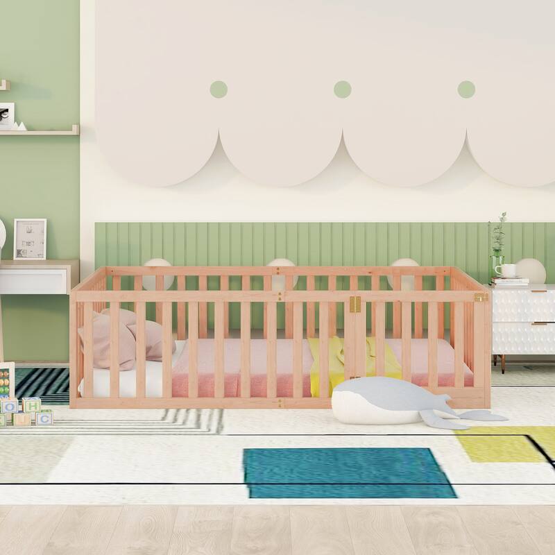 Versatile Wooden Floor Bed Frame without Slats, Solid Pinewood Kids Bed Frame with Fence and Door - Natural - Full