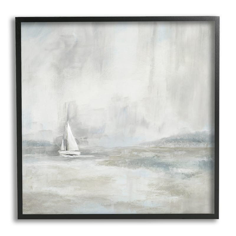 Stupell Abstract Sailboat Drifting Ocean Waves Beige Neutrals Framed Wall Art - White - 24 x 24 - Black