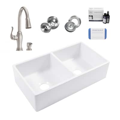 Turner Crisp White Fireclay 33" Double Bowl Farmhouse Apron Front Undermount Kitchen Sink with Maren Stainless Faucet Kit