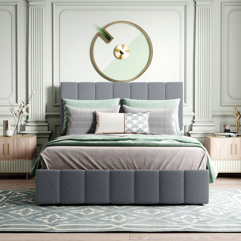 Linen Upholstered Platform Bed with a Hydraulic Storage System