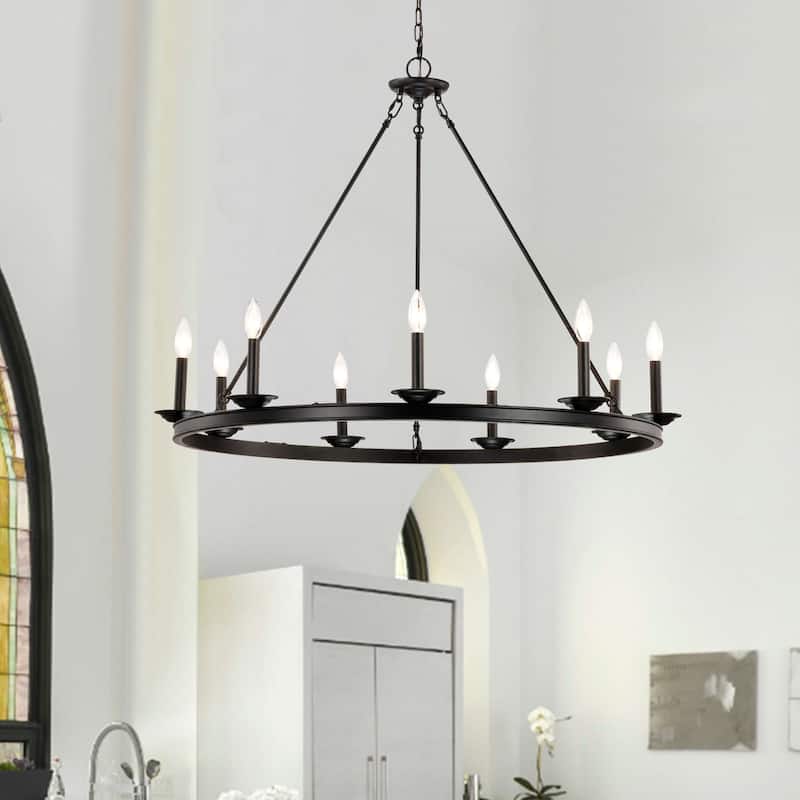 Eva 9-Light Antique Black Wagon Wheel Candle Style Round Chandelier - 40 inches in diameter x 32 inches H