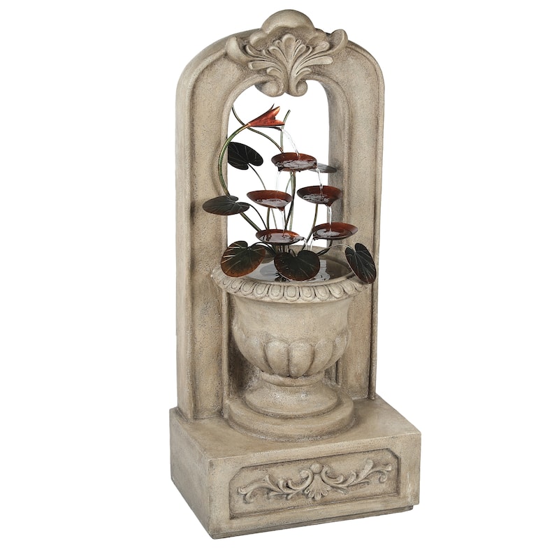 Arched 40.35-Inch H Cement Urn with Metal Flowers Outdoor Fountain - 40.35" Hx 18.11" W x 11.42" D