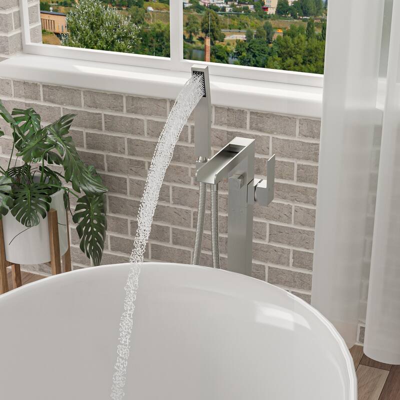Freestanding Bathtub Faucet Waterfall Tub Filler Brushed Nickel Floor Mount Brass Bathroom Faucets with Hand Shower