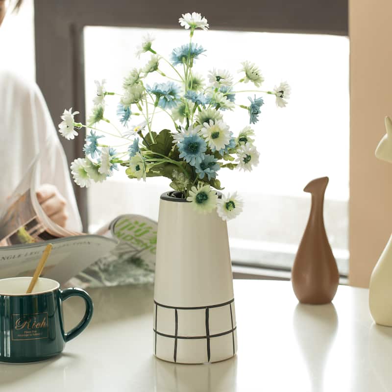 Ceramic Modern Painted Grid Tapered Flower Table Vase, Black and White