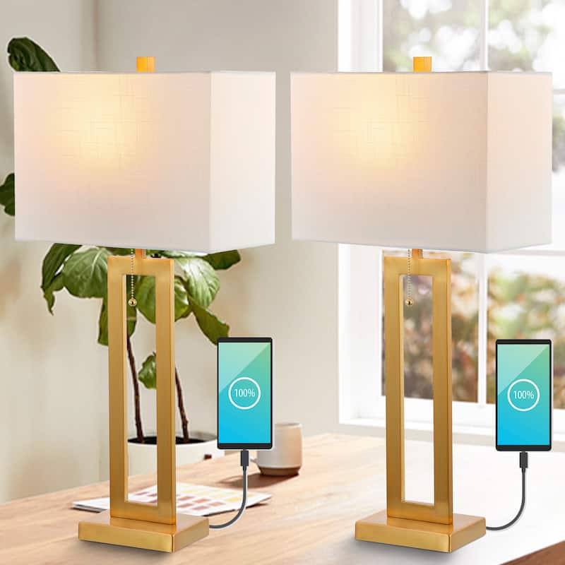 Lucie 28.5" Vintage Industrial Iron LED Table Lamp with Pull-Chain and USB Charging Port, (Set of 2) by JONATHAN Y - Brass Gold