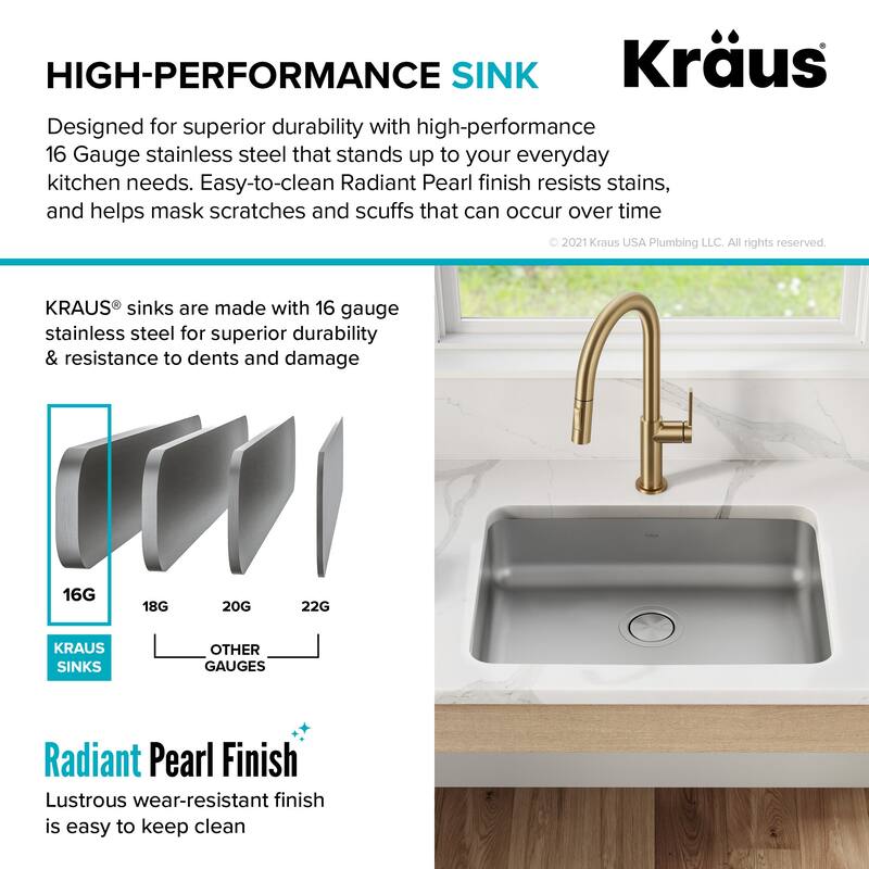 Kraus Dex 25" Undermount Single Basin 16 Gauge Stainless Steel Kitchen