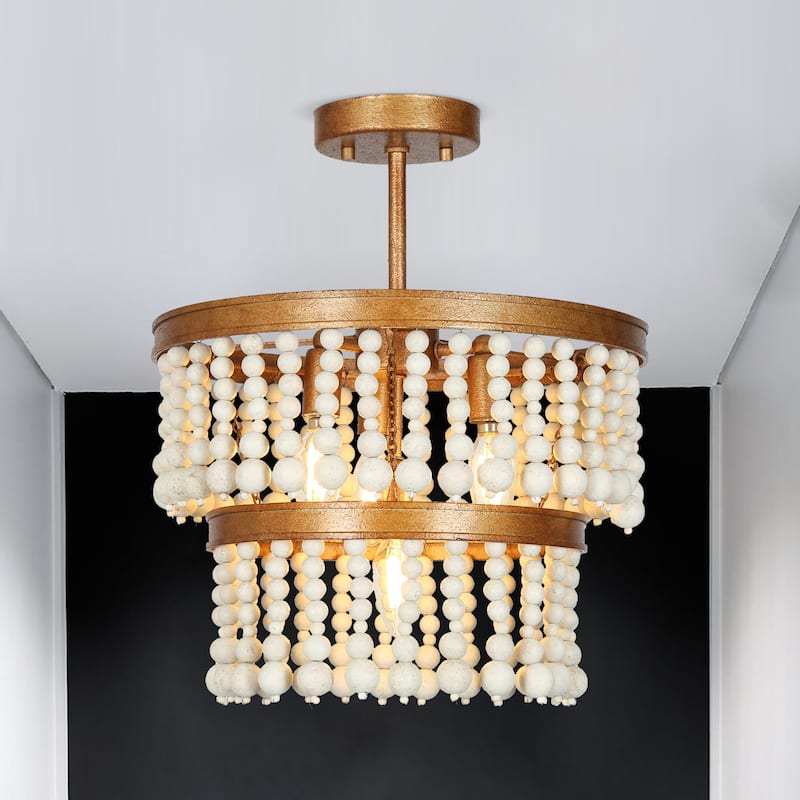 Coasa Modern Semi-flush Mount Lights 2-tier Drum Chandelier with Wooden Beads Entryway Dining room - D14'' x H17''