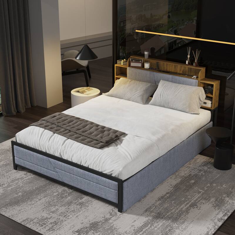 French Queen Size Bed Frame Platform with Brown/Black Storage Headboard & 4 Storage Drawers