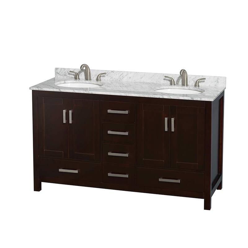 Wyndham Collection Sheffield 60" Freestanding Vanity Set with Hardwood - Espresso / White Carrara Marble Top / Brushed - Espresso Finish