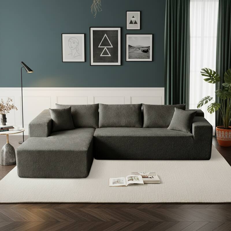 103.54" L-Shaped Modern High-Density Sponge Velvet Modular Sectional Sofa with Chaise & Pillows - Dark Grey-Raindrop Velvet - Left Facing