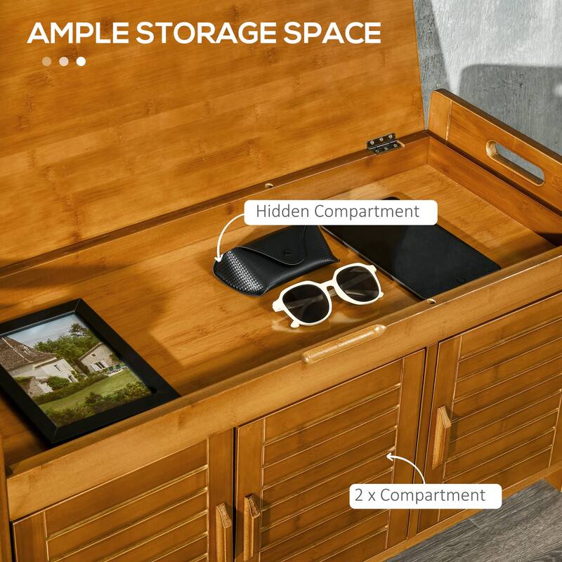 Brown Ottoman Bench Upholstered Seat with Bamboo Frame, Entryway Shoe Bench Corridor Bench with Hidden Compartments