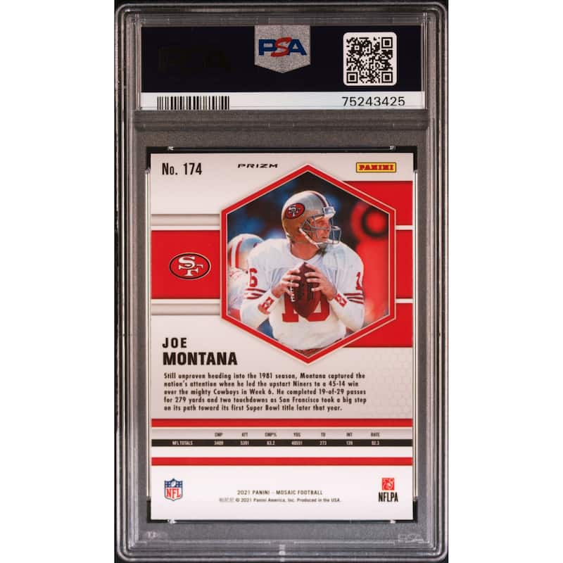 Joe Montana 2021 Panini Mosaic Silver Prizm Football Card #174 Graded PSA 10 - 8'6" x 11'6"