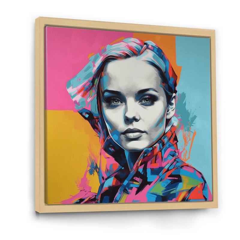 Designart "Retro Pop Art Portrait Of Beautiful Young Woman" Woman Pop Art Framed Canvas Wall Art - 24 in. wide x 24 in. high - Natural