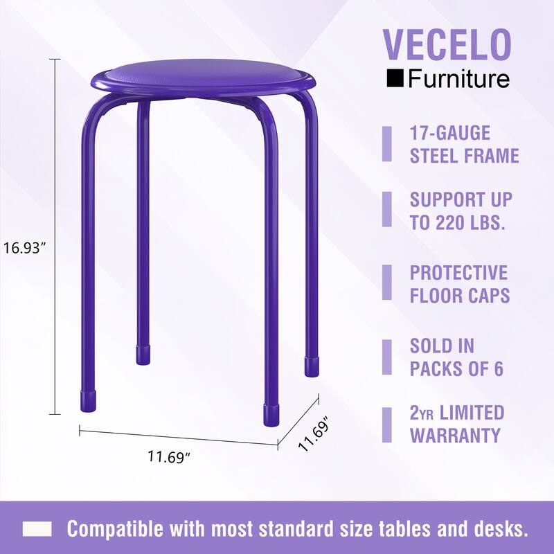 VECELO 6-Pack Stacking Stools for Living Room Backless Round Stools Set Indoor Outdoor Use with Metal Frame & Non-Slip Feet