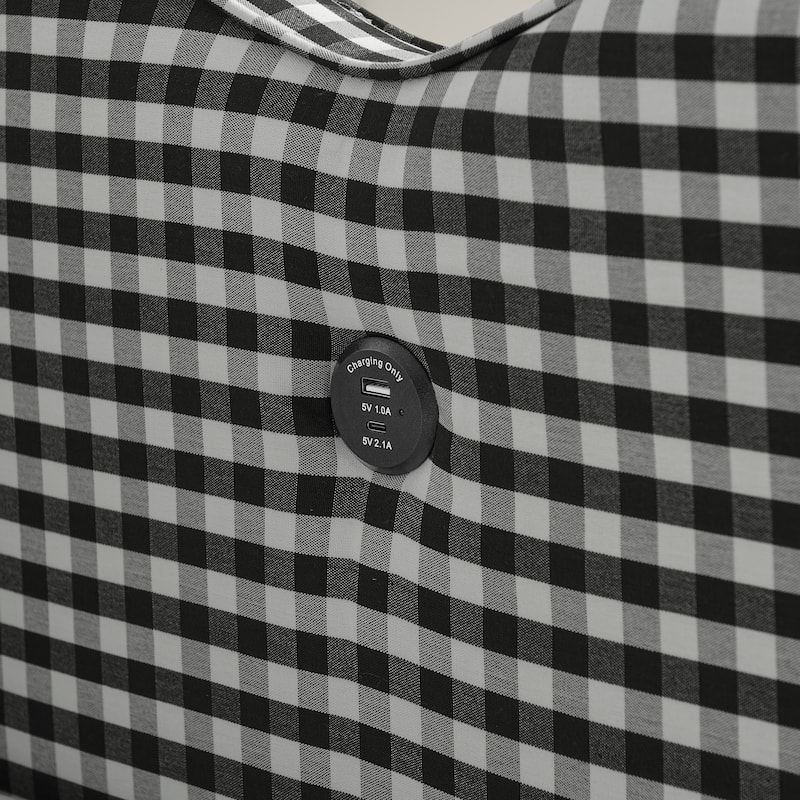 Full Size Gingham Daybed with Twin Trundle, USB Port, Wave Shaped Design & Linen Fabric - No Box Spring Needed