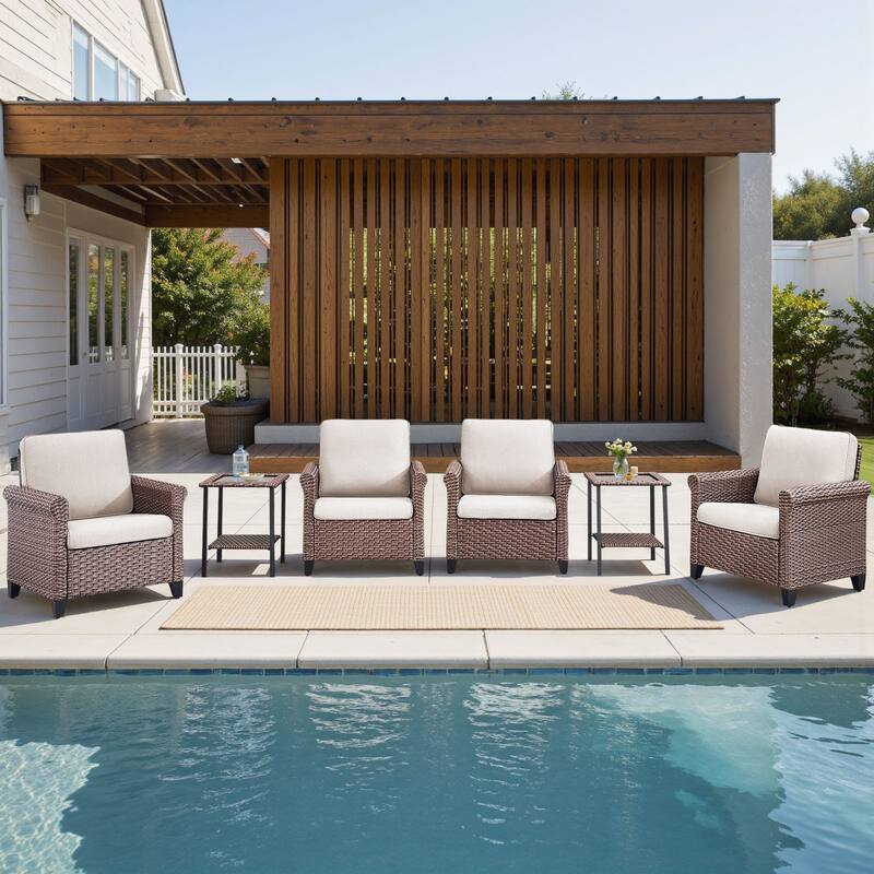 Pocassy Outdoor Sofa with Patio Chairs Funiture Set - 6PCS Patio Chair w/ Table - Brown Wicker Blue Cushion