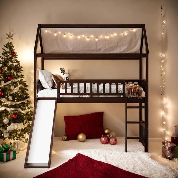 slide 2 of 39, Twin Size Elegant Loft Bed House Bed With Slide,Sturdy Construction And Maximized Space Saving Espresso