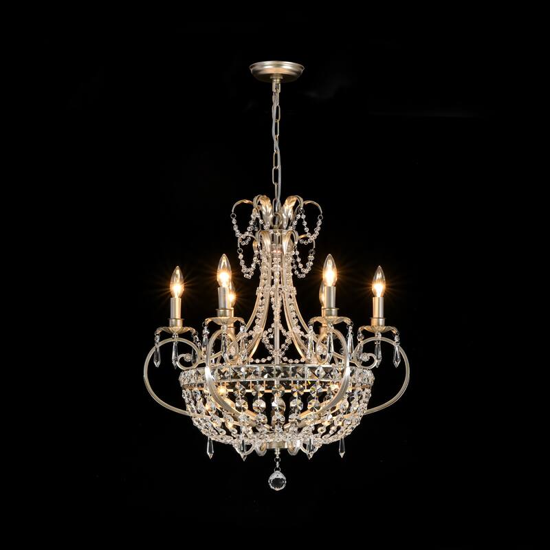 9-Light 24.4" W Crystal Chandelier in Antiqued Brushed Silver with Teardrop Pendants for Use in Living & Dining Room