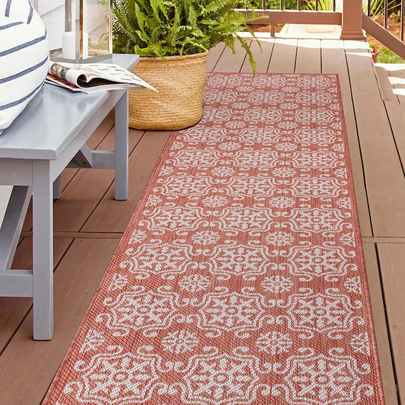 World Rug Gallery Transitional Geometric Textured Flat Weave Indoor/Outdoor Area Rug - 2'x7' Runner - Terra