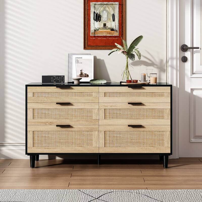 Mid-Century Modern Rattan Dresser, 6-Drawer Wicker Bedroom Dresser, Storage Cabinet with Metal Handles & Wood Legs