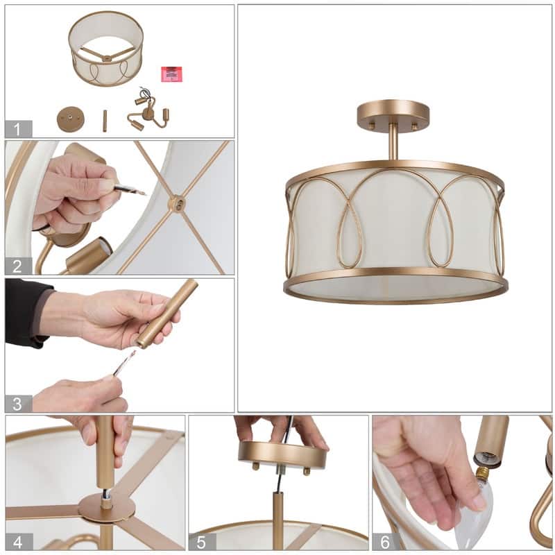 Bella Modern Glam 3-light Drum Semi-Flush Mount Lights Off-white Fabric Chandelier - L13.8'' x W13.8'' x H11.8