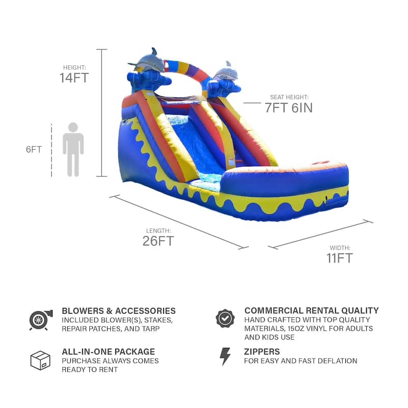JumpOrange Dolphin Splash 14 Ft Commercial Grade Inflatable Water Slide with Deep Pool (with Blower)