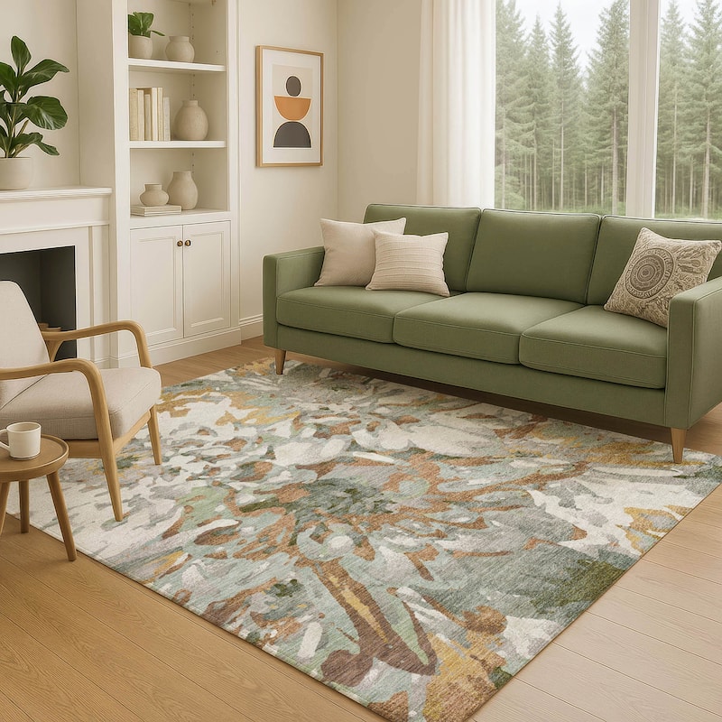 Machine Washable Indoor/ Outdoor Abstract Floral Chantille Rug