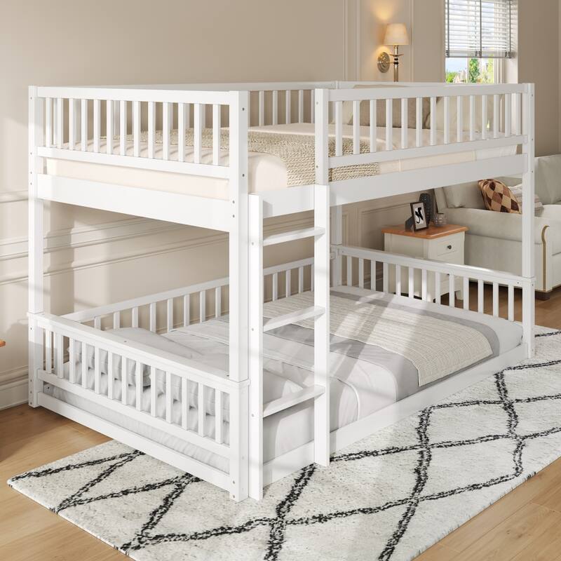 GDFStudio - Solid Wood Queen over Queen Bunk Bed with Ladder & Guardrails