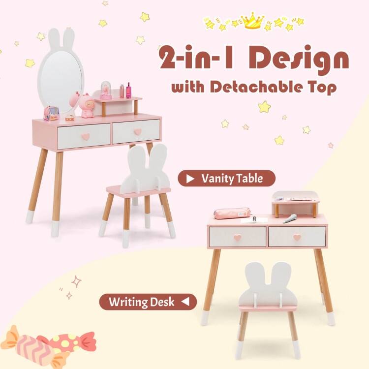 2 in 1 Wooden Princess Kids Vanity Set with Mirror-White - N/A