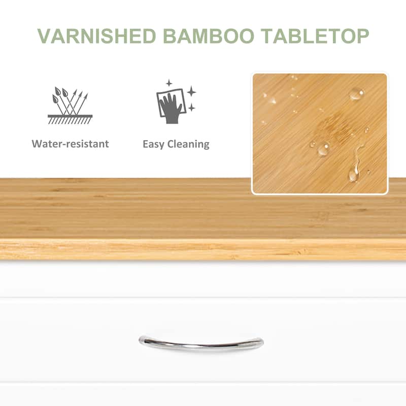 HOMCOM Rolling Kitchen Island Cart with Large Bamboo Countertop, 2 Cabinets with Adjustable Shelves and Wheels, White