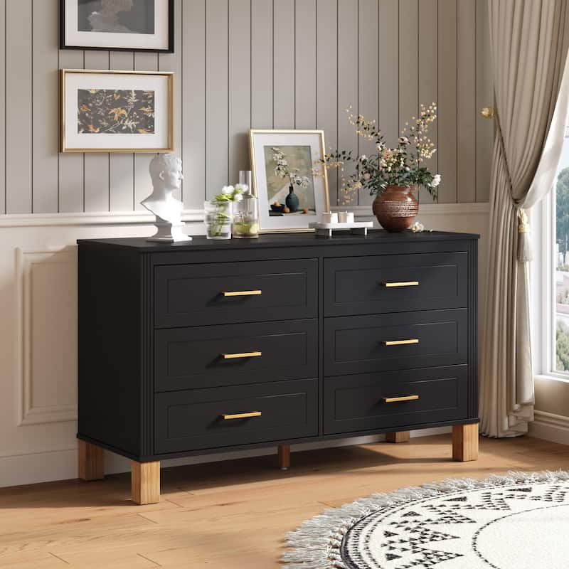 Rossetta 6-Drawer Mid-Century Modern Ribbed Lines Double Dresser Cabinet with Solid Wood Legs and Metal Handles - Black