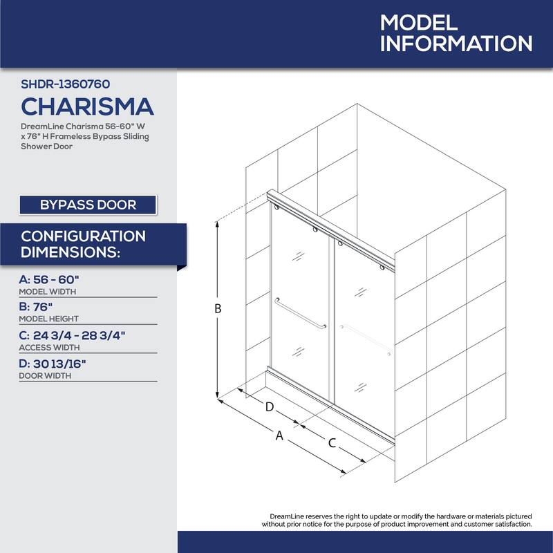DreamLine Charisma 56-60 in. W x 76 in. H Frameless Bypass Sliding Shower Door - 56" - 60" W