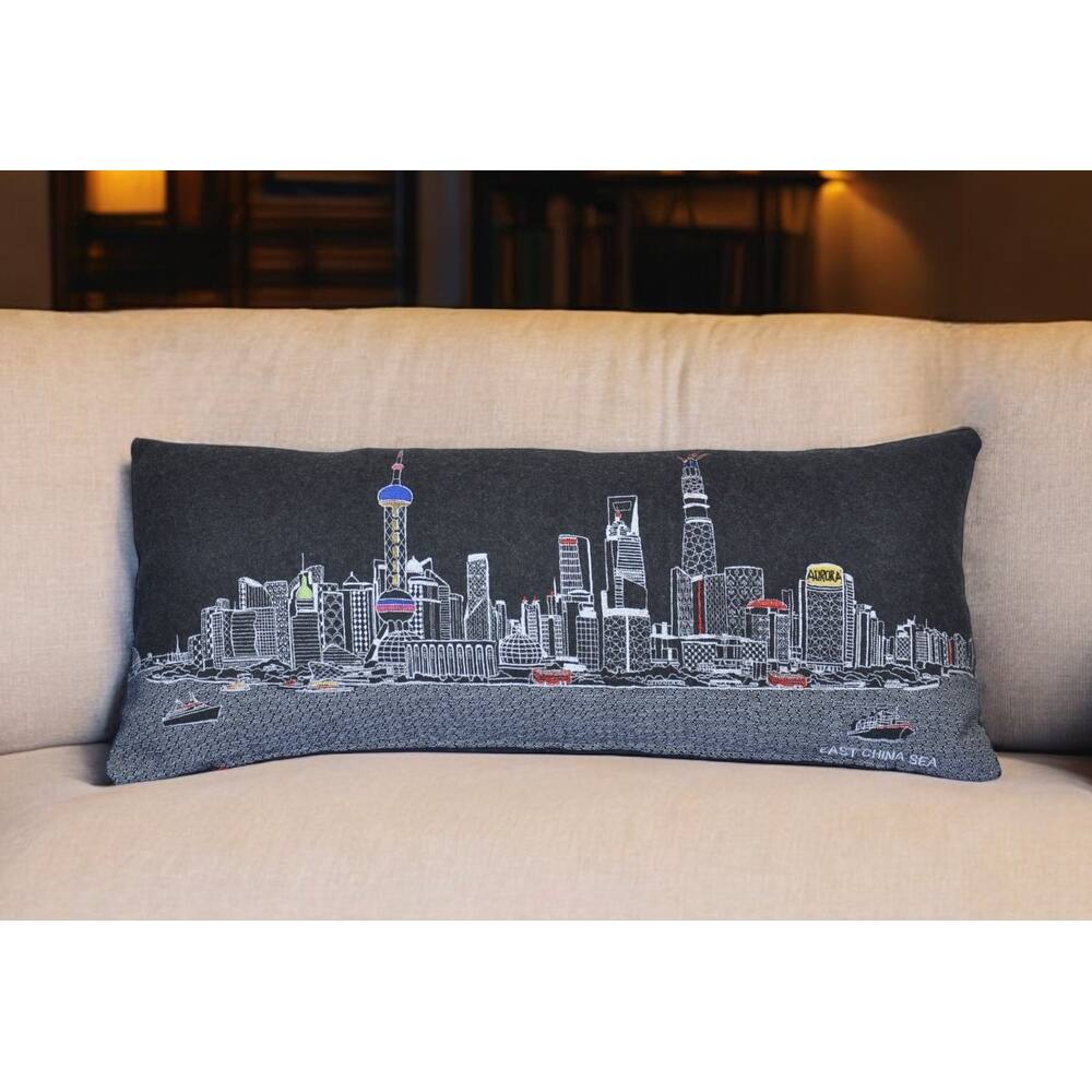 HomeRoots 35" Black Shanghai Nighttime Skyline Lumbar Decorative Pillow
