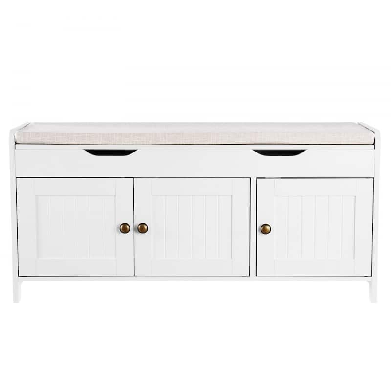 White Shoe Storage Bench with Adjustable Shelves and Cream Cushion Seating for Entryway Organizer - 41.3 x 13.8 x 19.8 Inch