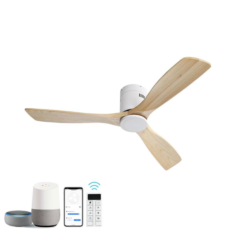 52 Inch Flush Mount Ceiling Fan 3 Solid Wood Fan Blade Noiseless Reversible DC Motor Smart Remote Control For Living Room - White