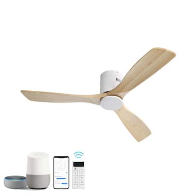 52 Inch Flush Mount Ceiling Fan 3 Solid Wood Fan Blade Noiseless Reversible DC Motor Smart Remote Control For Living Room