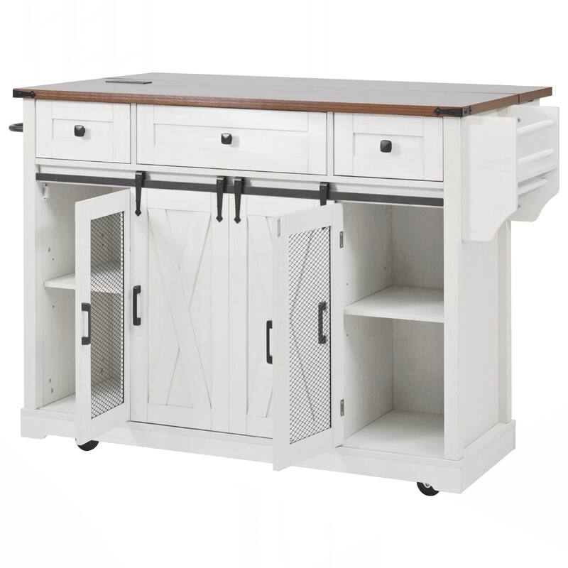Farmhouse Kitchen Island with Storage, Rolling Kitchen Island on 5 Wheels with Spice Rack