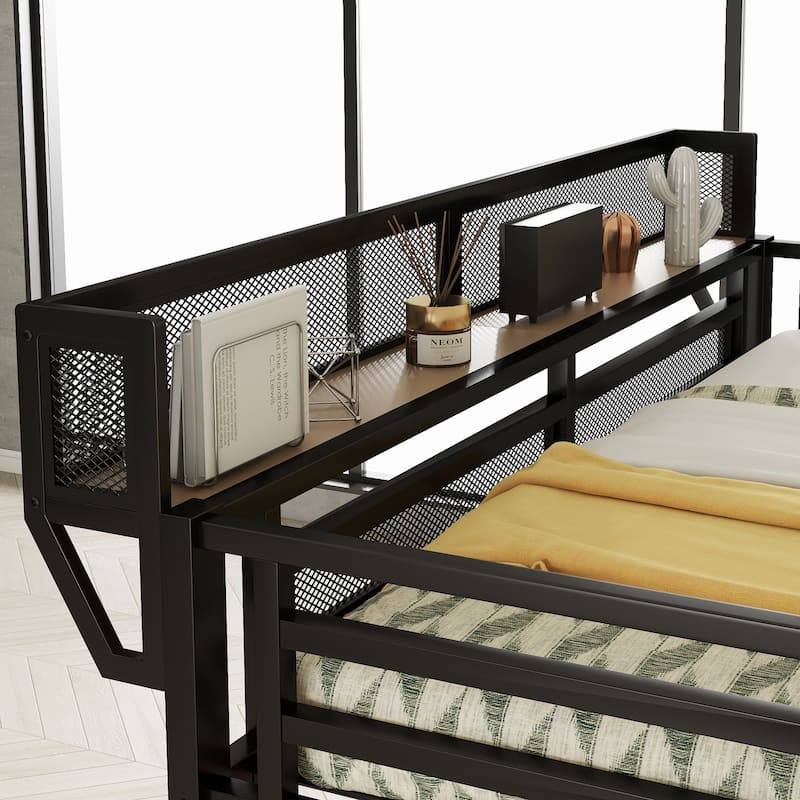 Iron Loft Bed Frame with Desk, Charging Station, Bedside Shelf and Wardrobe, Heavy Duty Metal Loftbed with LED Lights